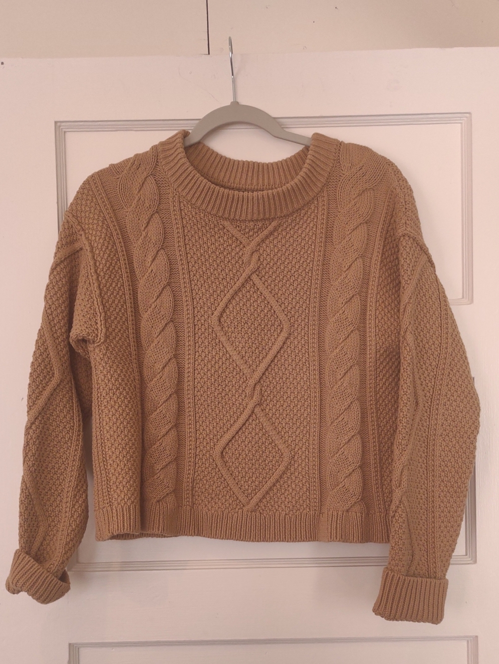 Quince Cable Knit 100% Cotton Crewneck Sweater in Camel